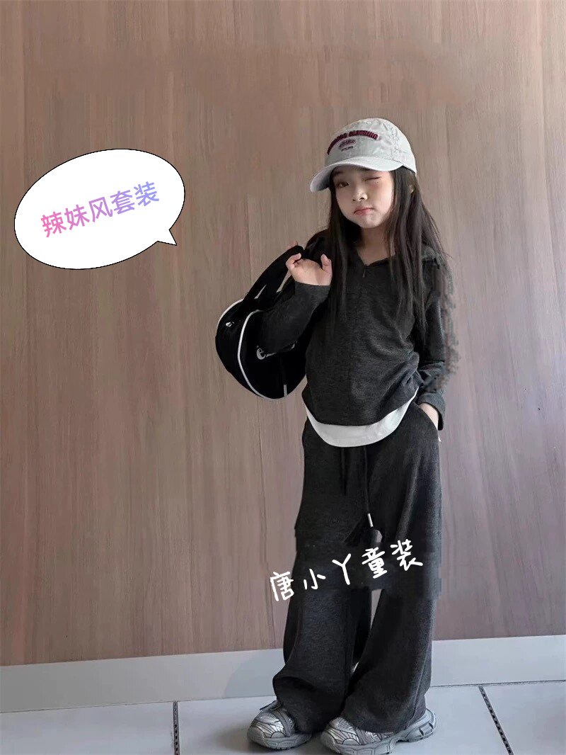 女童仿羊绒辣妹风卫衣套装假两件修身连帽长袖韩灰色直筒裤y
