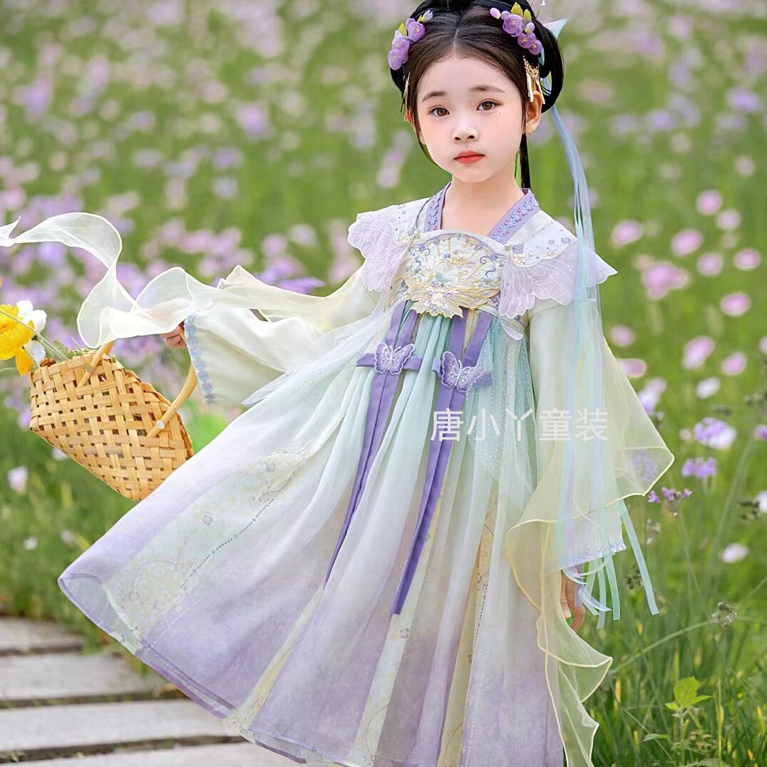 栀承女童高端汉服春秋云肩长袖月隐花朝披肩重工刺绣羽成扉渐变色