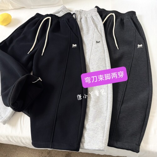 中大童加绒卫裤弯刀束脚两穿秋冬奥粒绒刺绣蝴蝶结白灰炭灰休闲q