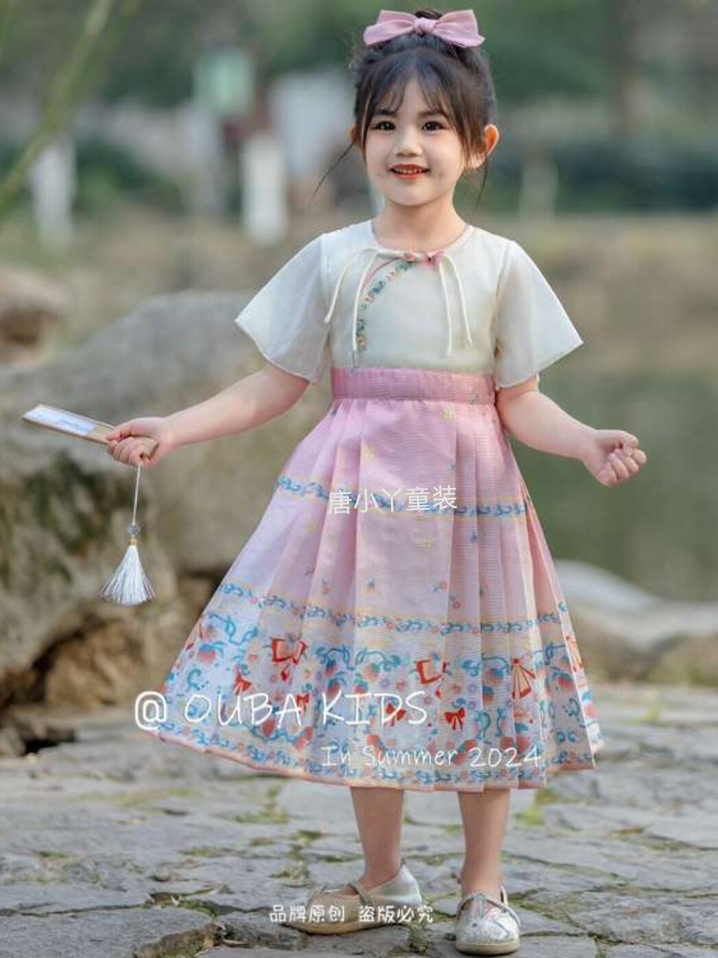 ouba女童汉服恋香沁马面裙连衣裙国风盘扣圆领长裙夏中秋衣服