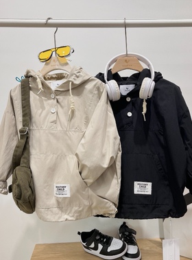 houli男童棉质连帽卫衣浅卡其风衣外套春秋款套头双层连帽