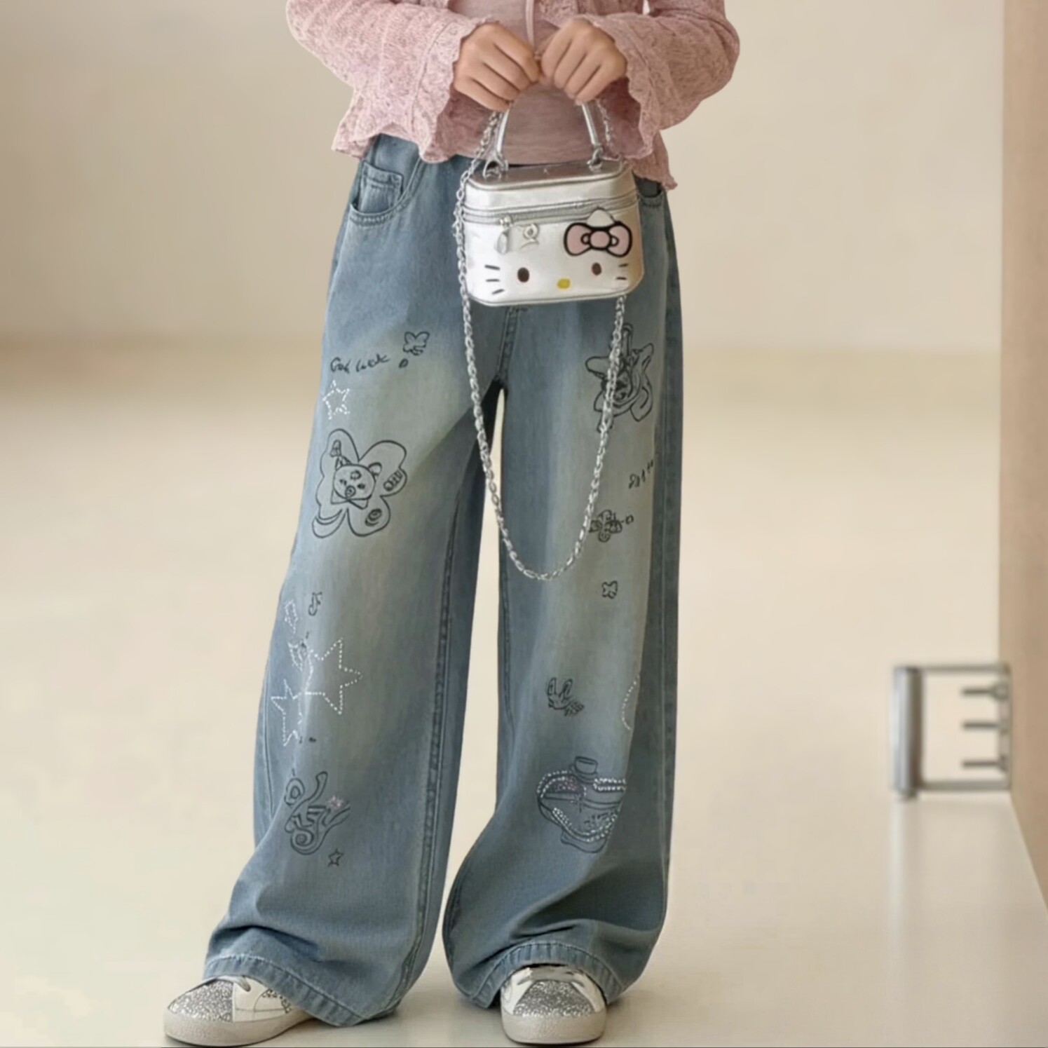 女童直筒牛仔裤春秋款彩色烫钻五角星涂鸦中大童韩版长裤潮蓝色l