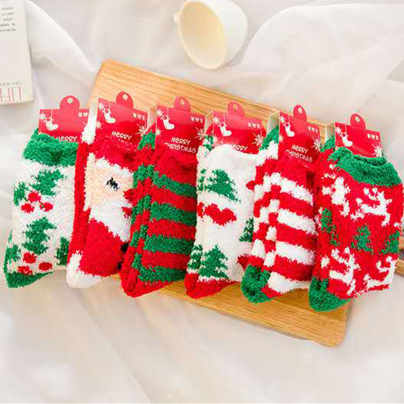 Coral cashmere socks half cashmere female socks Christmas socks thickened warm lovers socks cute cartoon snow socks package