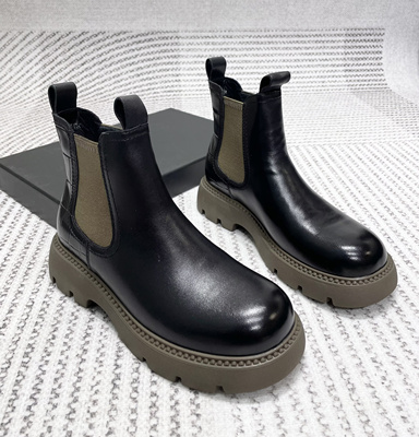 小牛皮英伦短靴烟筒靴女2024秋冬加绒厚底松紧套筒马丁靴2852