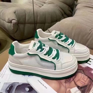 橡胶底4CM防滑学生运动板鞋 女鞋 网纱透气真皮小白鞋 撤柜春夏新款