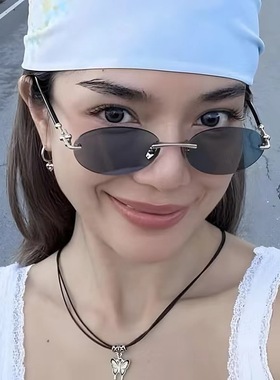 欧美复古椭圆无框切边太阳眼镜女ins网红潮流小框个性墨镜高级感