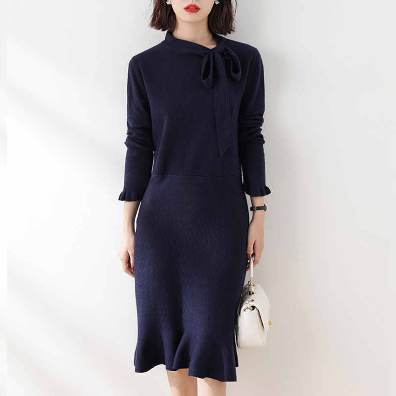 优雅女人味中长款鱼尾裙女2025早秋新款蝴蝶结纯色羊毛针织连衣裙