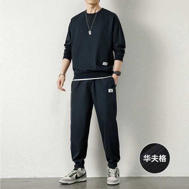 休闲运动套装男士春秋季华夫格卫衣束脚长裤搭配一套纯色百搭男装