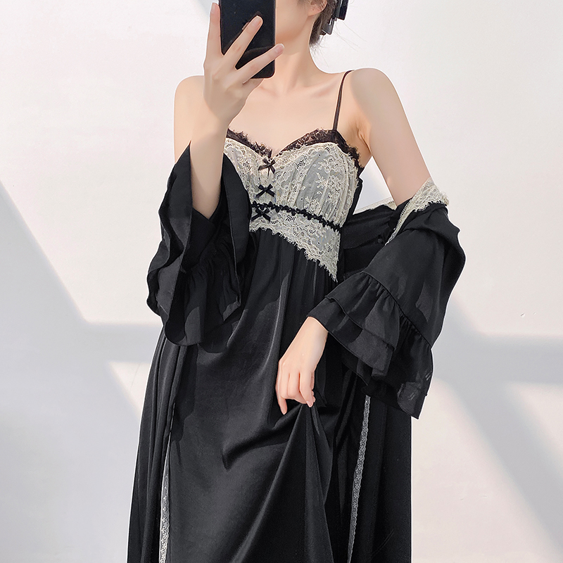 法式冰雪丝吊带睡裙女两件套