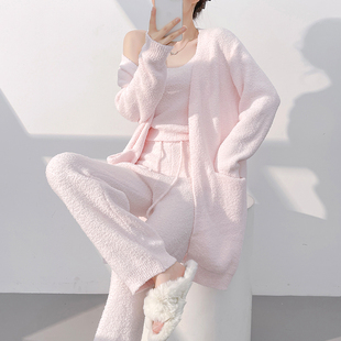 软绵绵睡衣女秋冬三件套加厚开衫毛线针织家居服珊瑚绒加厚家居服