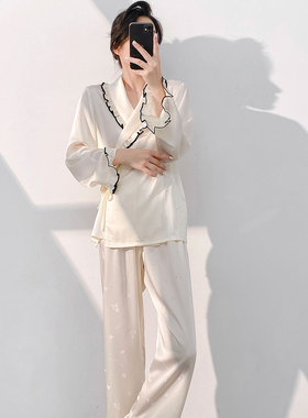 高级感系带缎面睡衣女舒适简约可外穿家居服法式冰丝长袖长裤睡衣