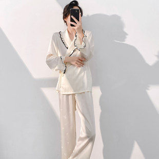 高级感系带缎面睡衣女舒适简约可外穿家居服法式冰丝长袖长裤睡衣