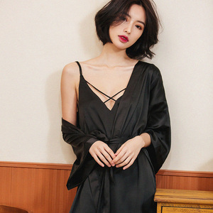睡衣女夏季冰丝吊带睡袍两件套家居服性感漏背长袖睡衣女春秋薄款