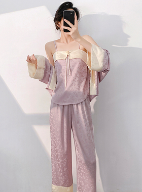 夏季睡衣女款2025新款性感吊带冰丝三件套轻奢新中式国风家居服女