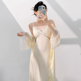 法式 家居服女士高级感睡衣 长款 慵懒风吊带冰丝睡裙睡袍两件套薄款