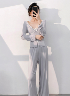 法式睡衣新款秋季花边V领睡衣套装长袖甜美莫代尔可外穿家居服女