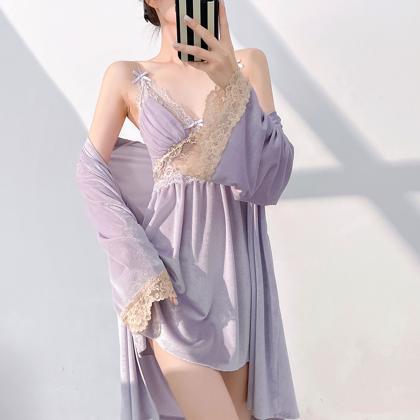 金丝绒纯欲风吊带睡裙女两件套