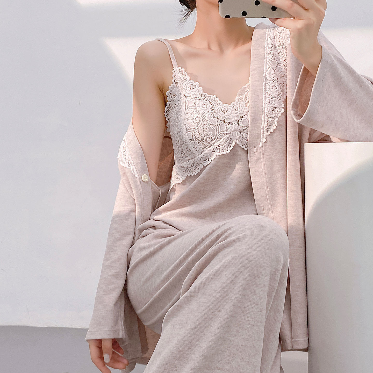 羊绒蛋白吊带睡裙超柔软三件套长袖长裤可外穿带胸垫,女士内衣/男士内衣/家居服,睡衣/家居服套装,淘宝优惠券,粉丝福利购,淘宝优惠卷