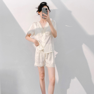 短褲 睡衣女款 2025新款 夏冰絲宮廷風(fēng)蕾絲甜美冰絲睡衣短袖 帶胸墊
