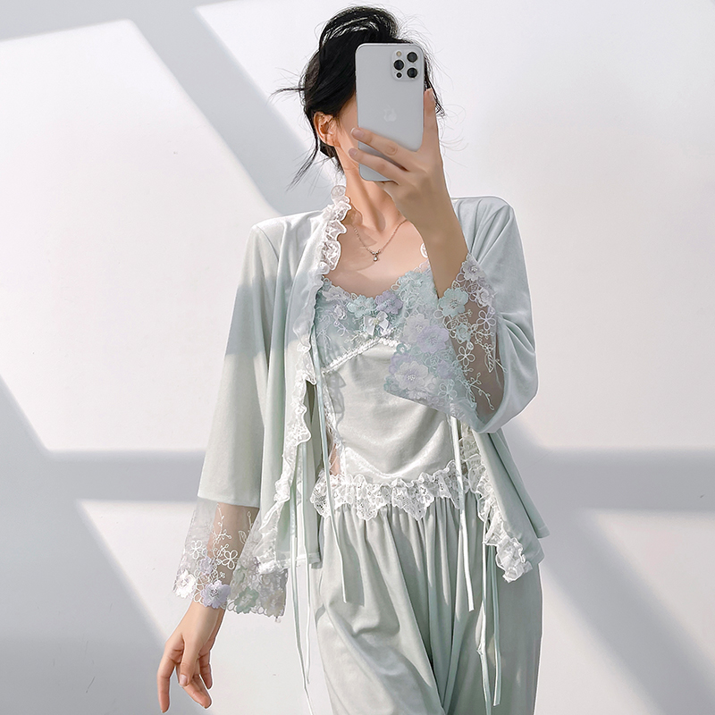 Geniequeen金丝绒睡衣女三件套
