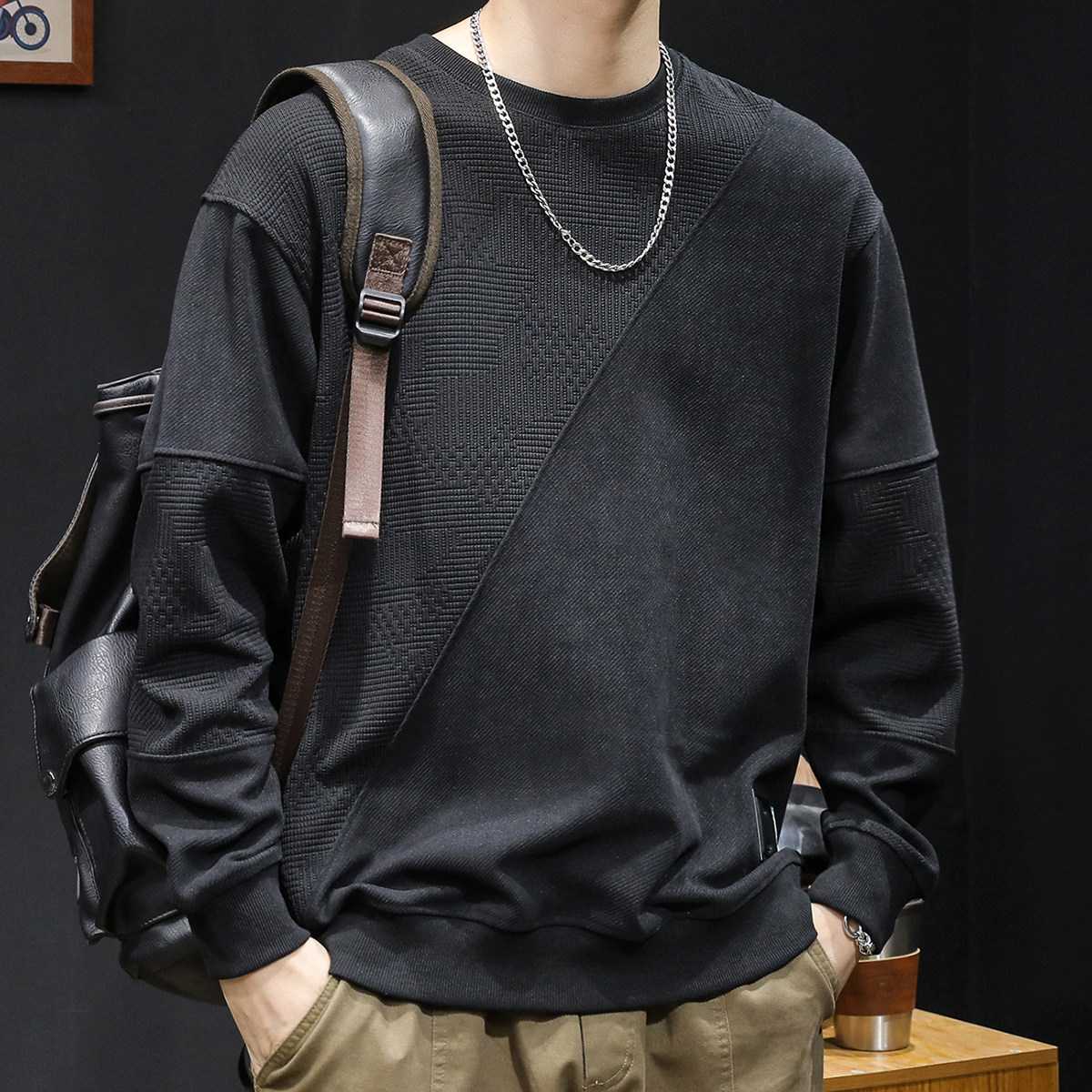 潮牌百搭加绒卫衣男秋冬款拼接男款衣服2025新款男士长袖大码男装