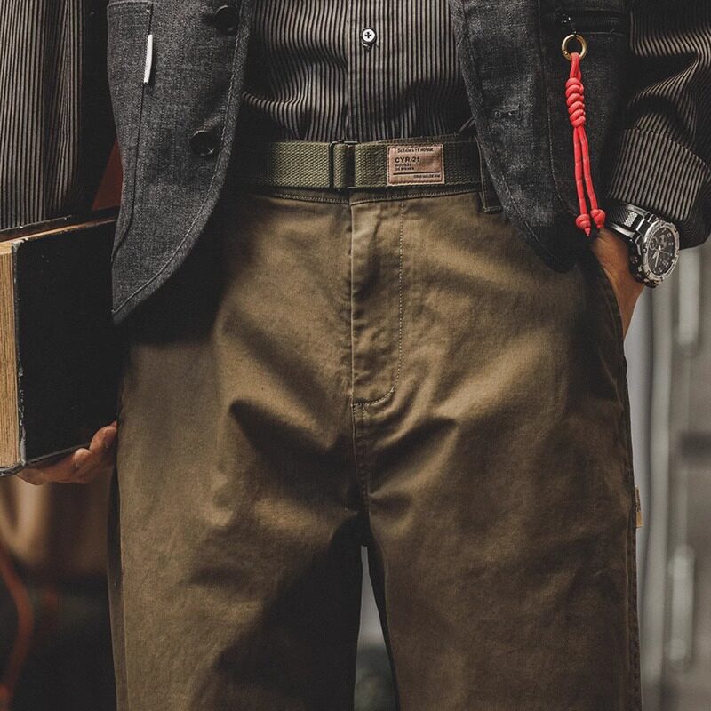 杰雷诺美式复古经典净版简约休闲裤男秋季潮牌直筒军绿色工装裤子