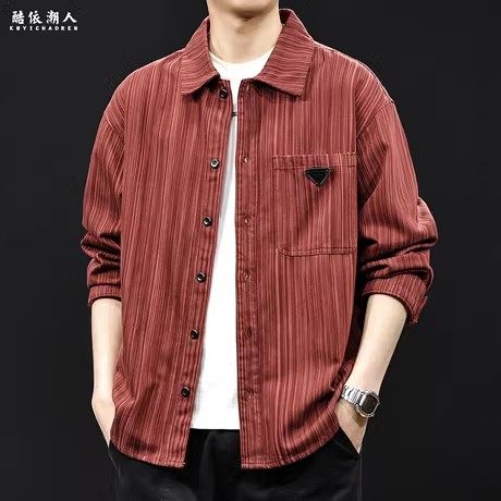高端竹节条纹衬衫男士外套秋季2026新款休闲长袖男春秋款衣服潮牌