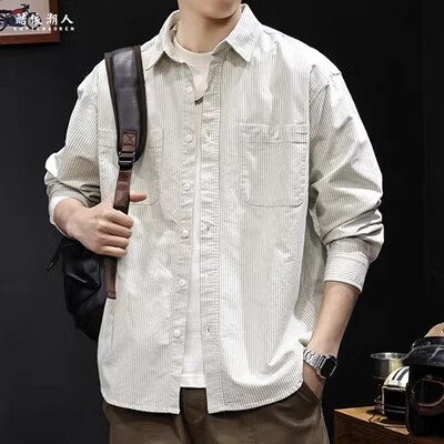 条纹美式衬衫男长袖春季2026新款休闲衣服潮流百搭高级感大码春秋