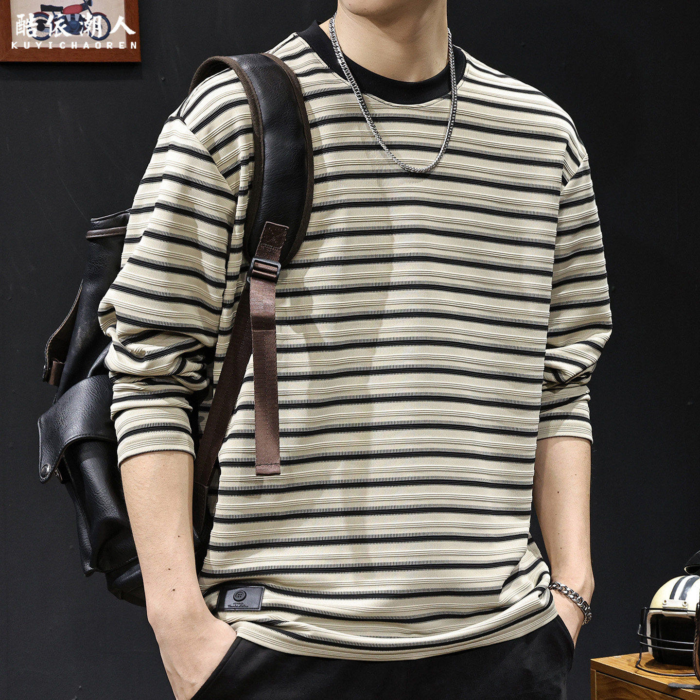 美式复古条纹长袖t恤男士春秋款百搭宽松圆领打底衫2026春季新款