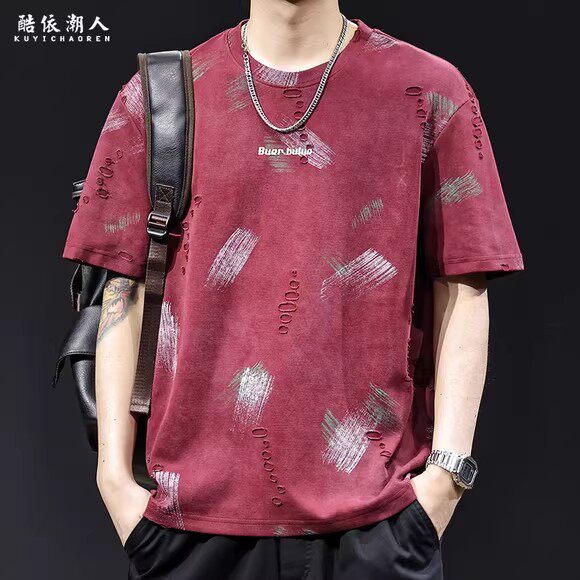 破洞潮牌短袖t恤男士夏季2026新款大码高端衣服上衣云染提花体恤