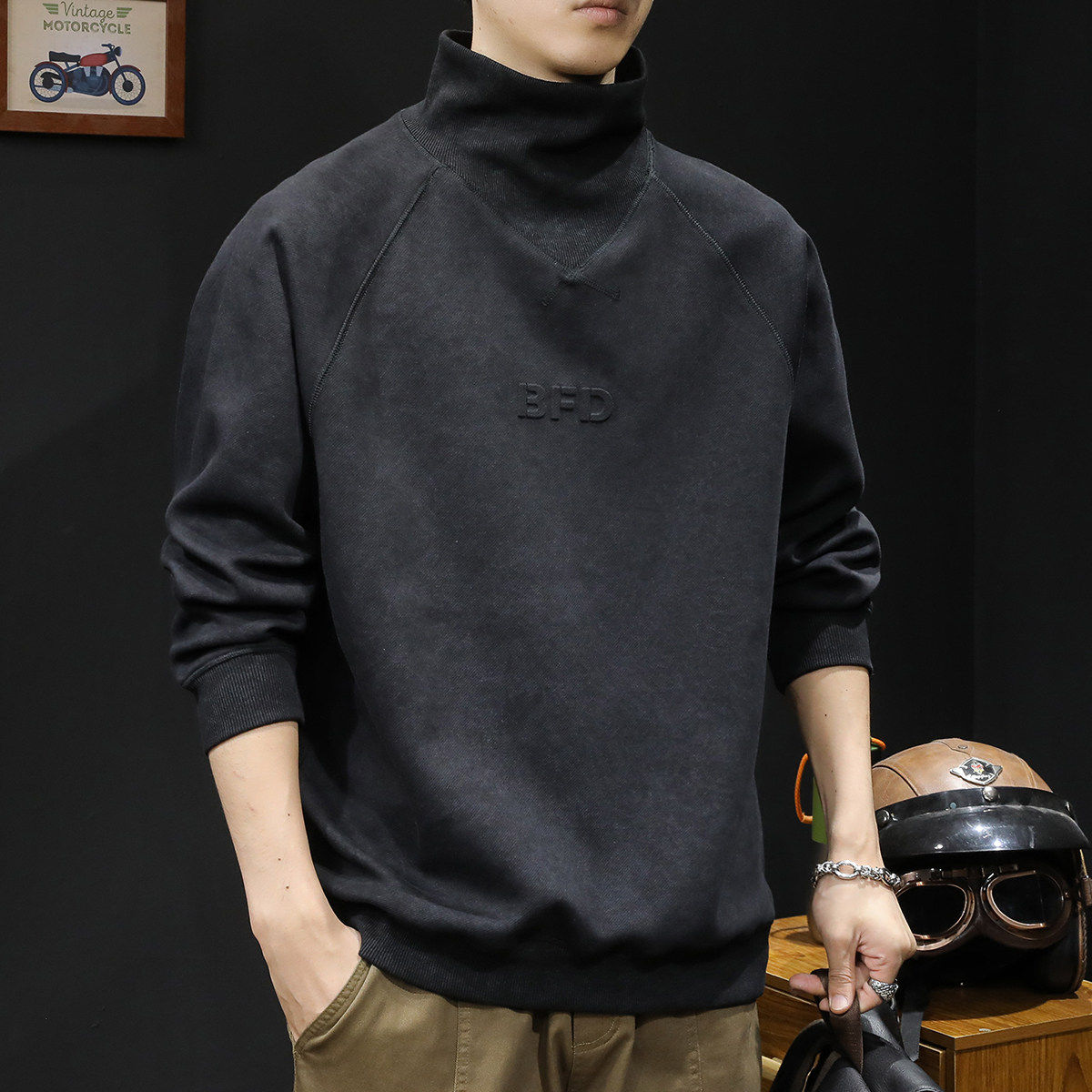 半高领潮牌休闲卫衣男春秋款男款衣服春季2026新款重磅大码黑色潮