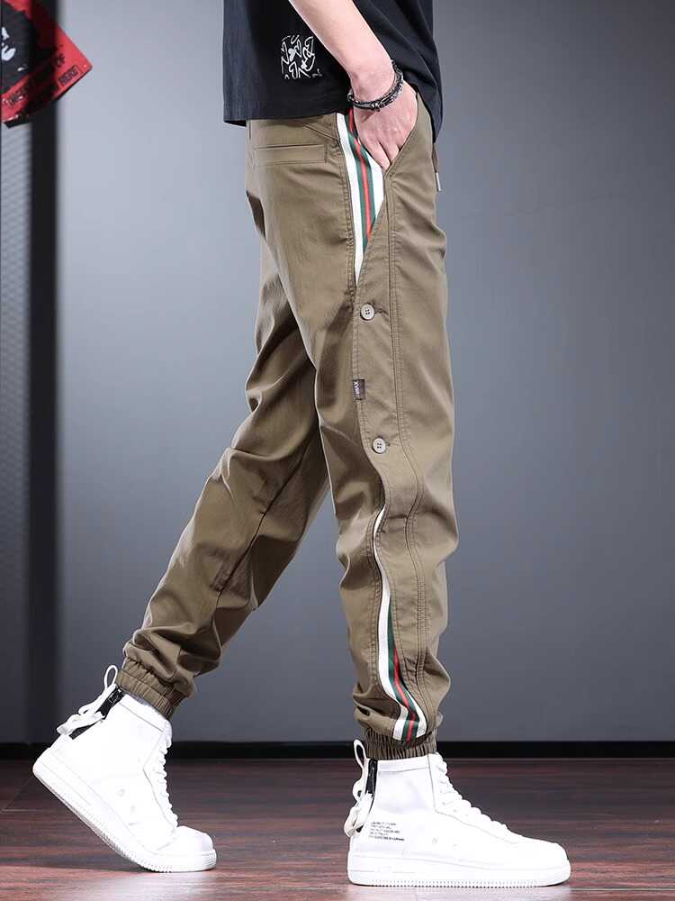 浅色休闲裤男潮牌个性时尚男裤春秋季新款条纹拼接撞色运动束脚裤