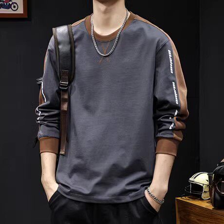 撞色拼接长袖t恤男2025新款秋季男士圆领打底衣服春秋款大码上衣