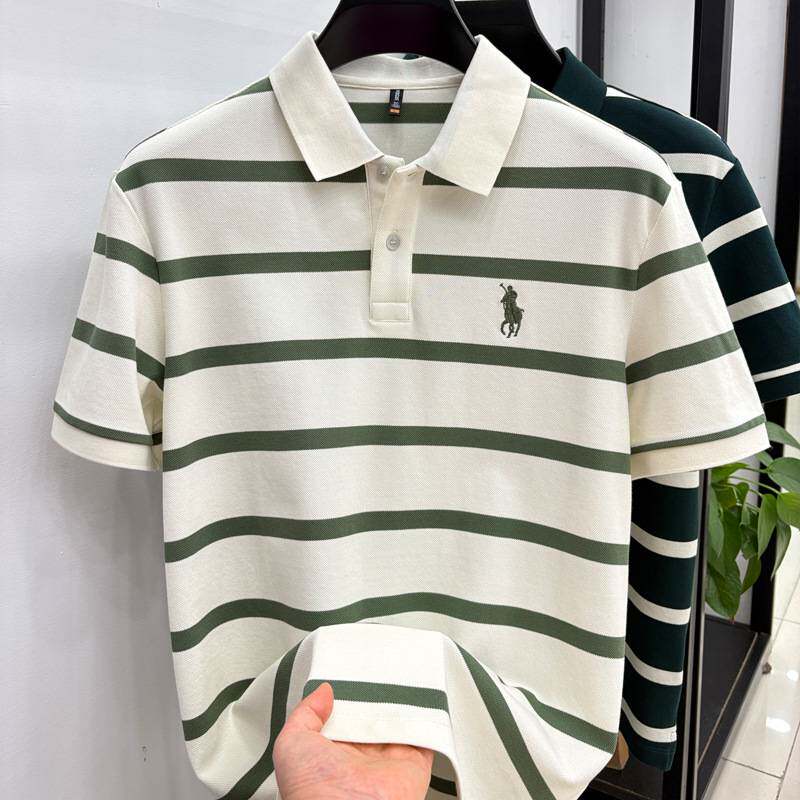 官方品牌2026夏季新款中年男士翻领时尚休闲条纹短袖T恤衫时尚休