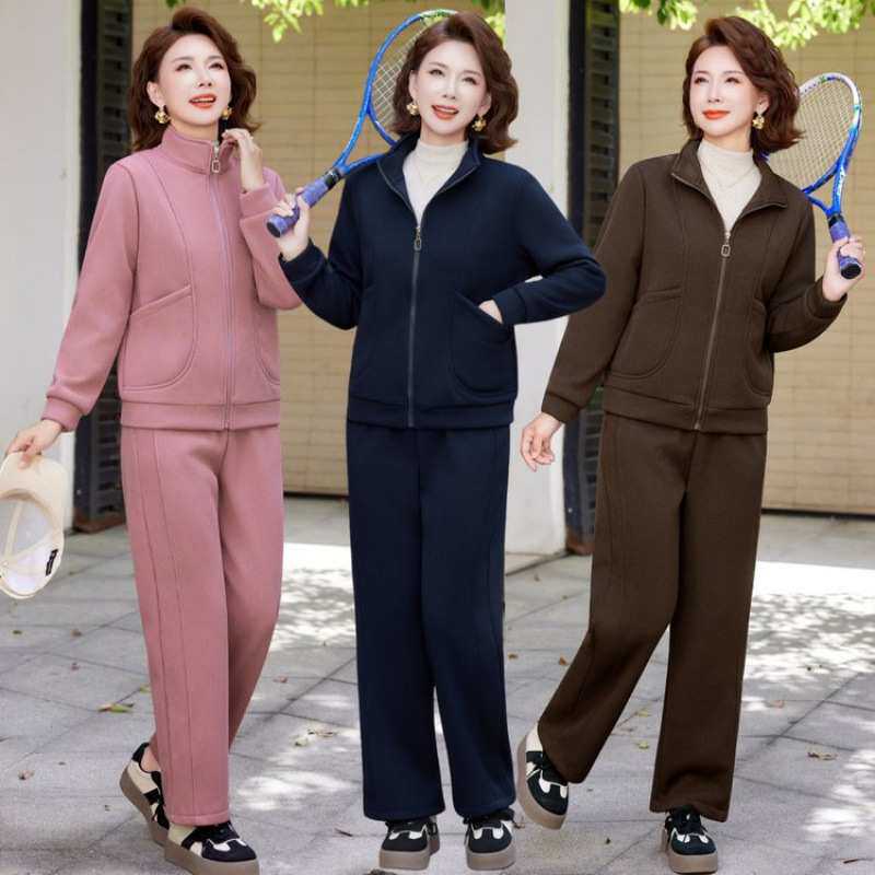 官方妈妈冬装运动服套装加绒加厚休闲外套中老年秋冬保暖棉袄两件