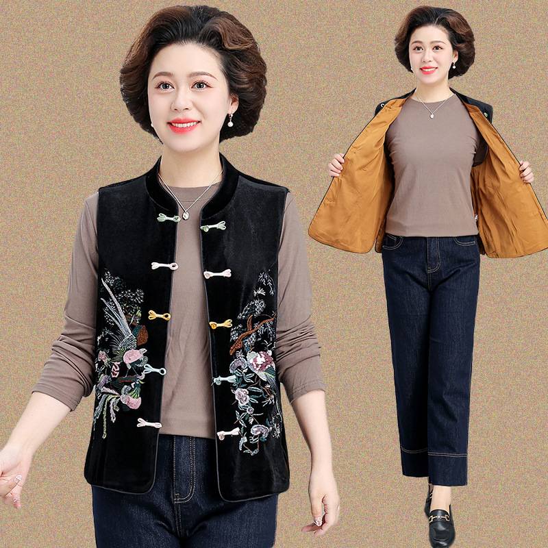 官方正品中老年女国风绣花金丝绒马甲2025新款妈妈秋装新中式坎肩