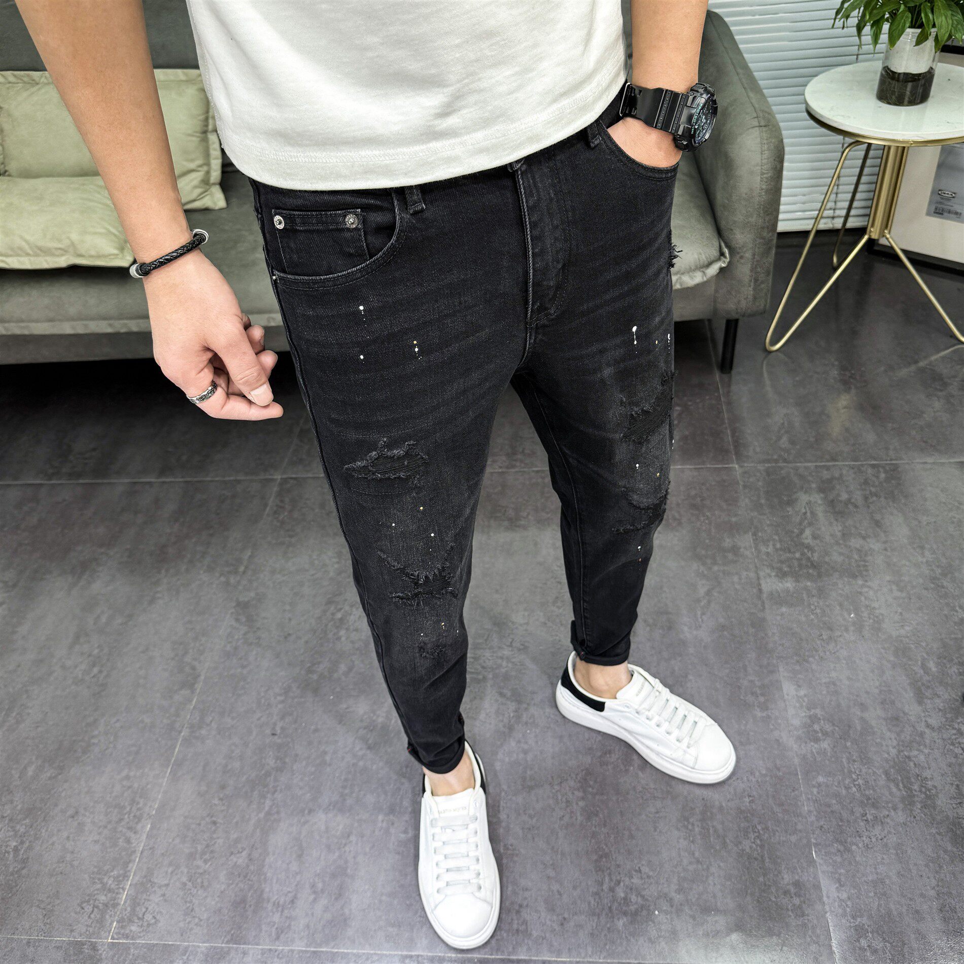 破洞牛仔裤男欧货潮牌2026春季新款漆点印花修身弹力小脚九分裤