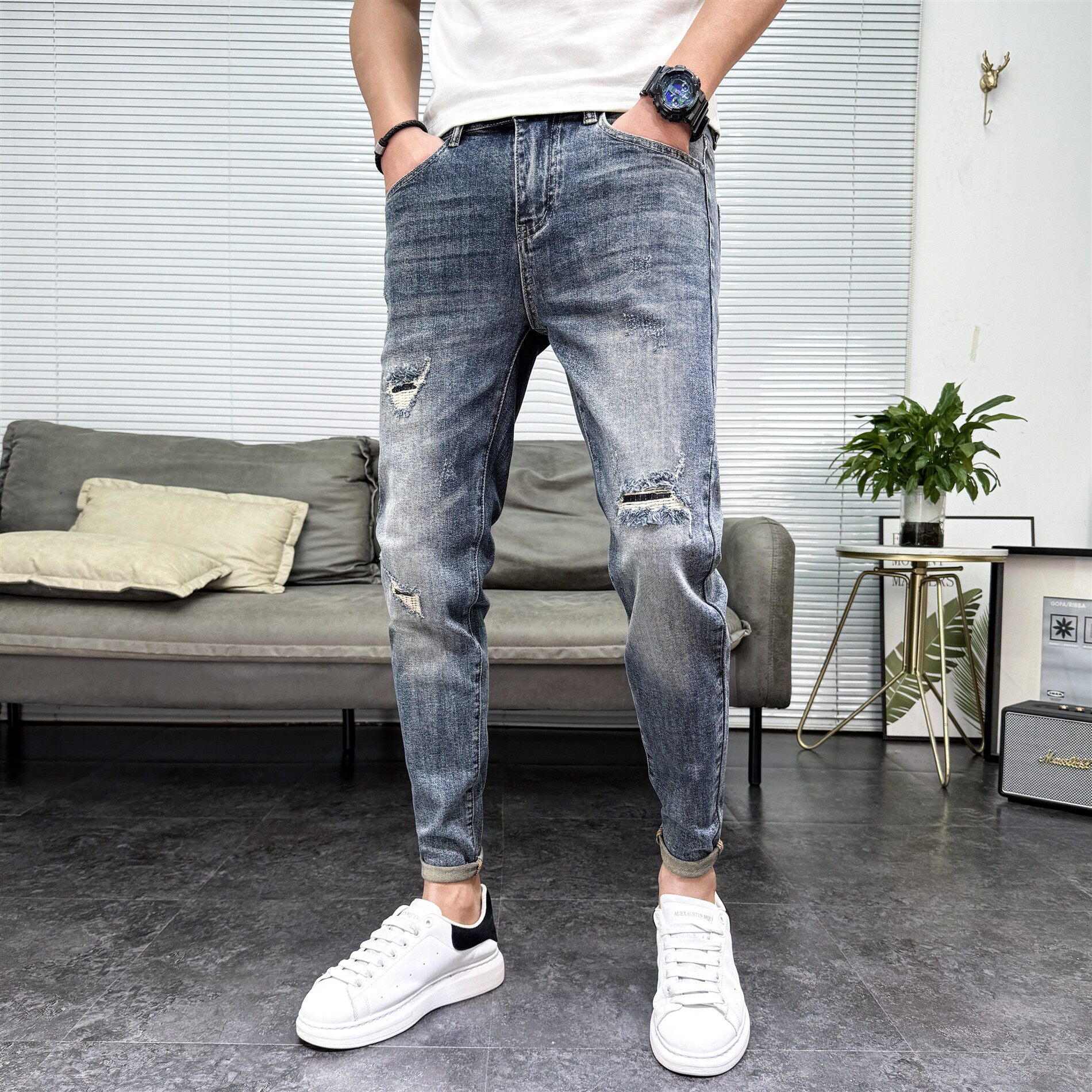 破洞牛仔裤男2026新款简约潮流百搭薄款低腰韩版弹力修身小脚长裤