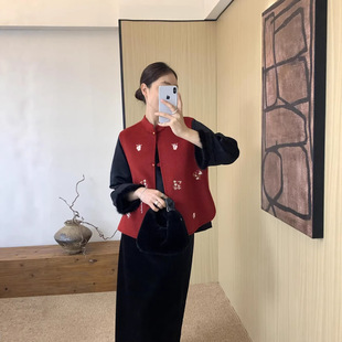 2026中式 羊毛呢外套羊绒背心 红色国风双面呢马甲夹短小个子女新款