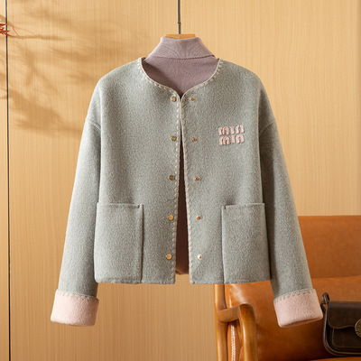 小香风撞色锁边双面羊绒大衣女短款2025秋冬新款字母羊毛呢子外套