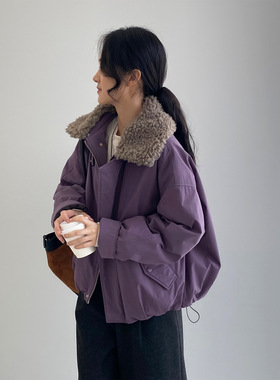 2026新款韩系温柔紫色羊羔毛领羽绒服女加厚白鸭绒保暖派克服外套
