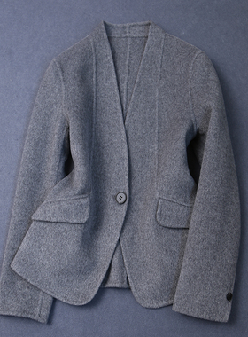 2024年秋冬新款无领灰黑色双面呢羊毛小西装女修身简约短呢子外套