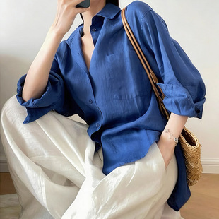 女 克莱因蓝亚麻防晒衬衫 慵懒棉麻衬衣潮 新款 现货厂家批发