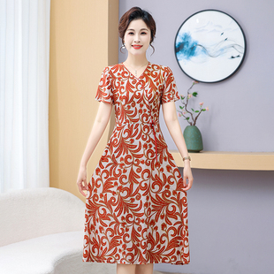 中年妈妈夏天冰丝麻改良旗袍连衣裙洋气中老年女装新中式气质裙子