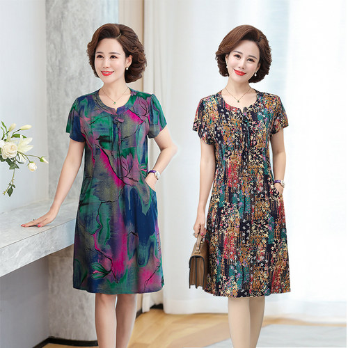 棉绸过膝连衣裙遮肚直筒奶奶装