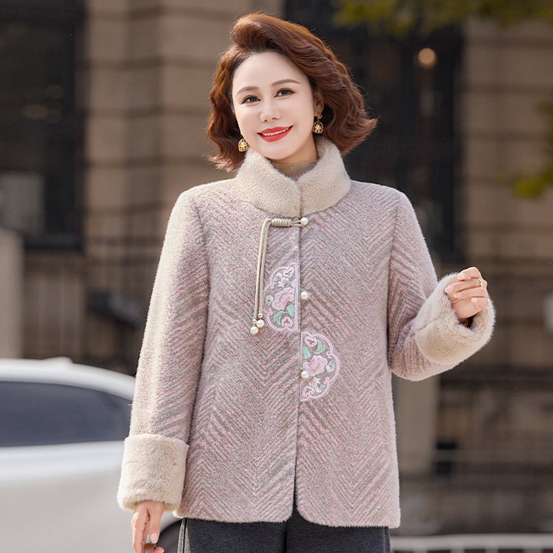 新中式妈妈装仿水貂绒加绒加厚毛呢外套中老年女装洋气保暖棉服