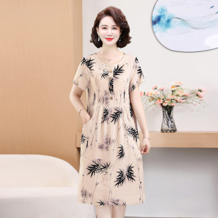 人造棉裙子中长款 妈妈夏装 高端棉绸外穿连衣裙遮肚子中老年人大码