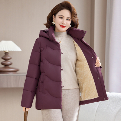 中老年妈妈冬装羽绒棉服2025新款连帽加绒加厚保暖洋气中长款外套