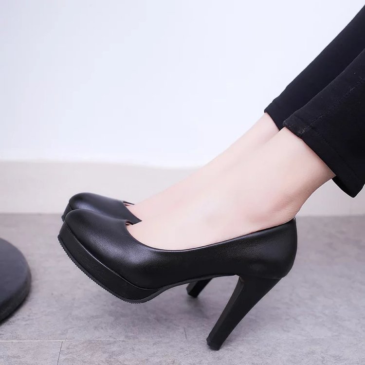 上班防水台黑色百搭6-7-9cm圆头单鞋高跟鞋工作细跟小皮鞋礼仪女