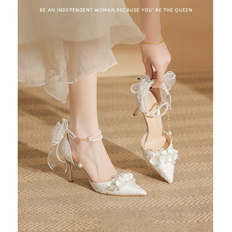 法式缎面婚鞋禾秀婚纱两穿小众不累脚白色仙女风花朵高跟鞋成人礼